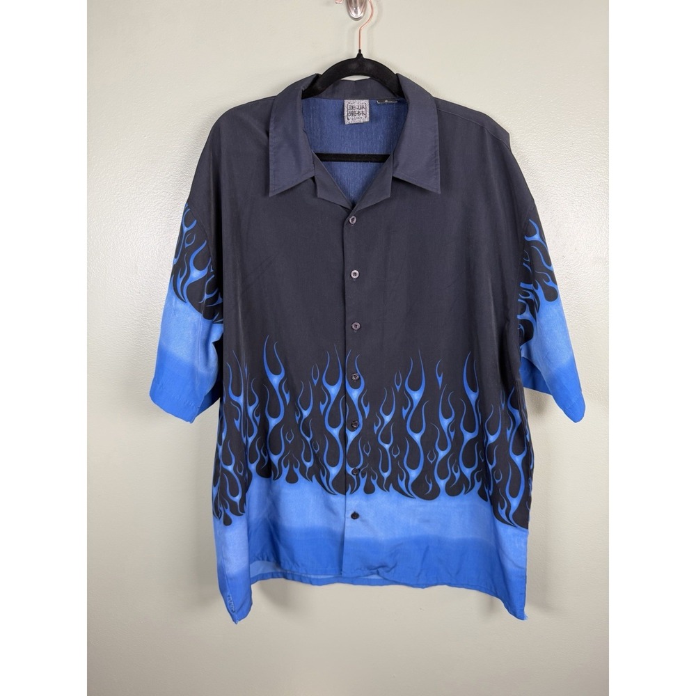 Vtg Y2K Flame Button Down Shirt XL Blue Black 2000s Streetwear Hot Rod *READ*